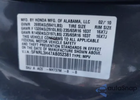 2010 Honda Odyssey Ex from USA, damaged, VIN 5FNRL3H47AB052381
